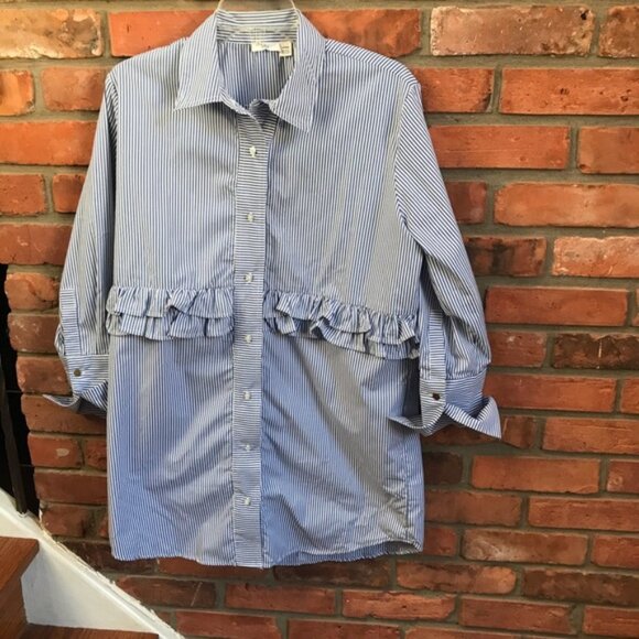 RIPE NEW Ruffle Striped Button Shirt Tunic Top Blouse Oversized Cotton Coastal M - Picture 10 of 16
